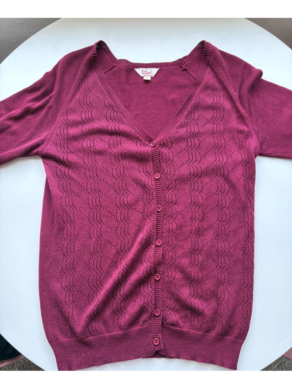 Modcloth Burgundy Pointelle V-Neck  Button-Up Cardigan Sweater, Like New! - Picture 2 of 10